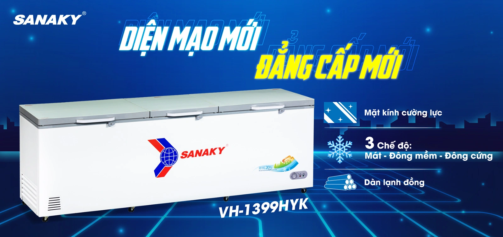Tủ Đông Sanaky 1143 Lít VH-1399HYK có thiết kế 1 ngăn đông, 3 cánh cửa