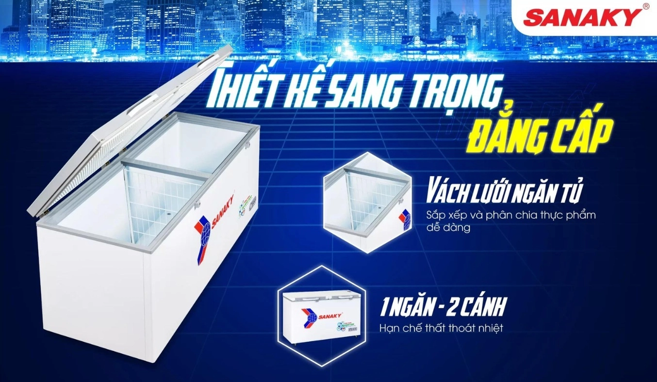 Tủ đông Sanaky VH 5699HY4K 410 lít inverter, 1 ngăn 2 cánh mở mặt nắp tủ phủ lớp kính cường lực