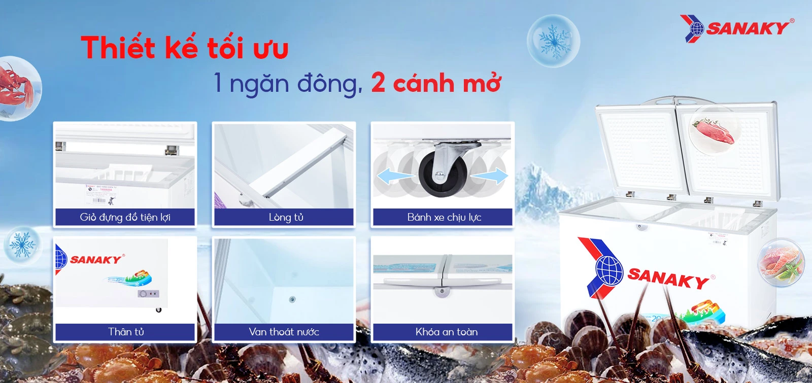 Tủ có 1 ngăn đông và 2 cánh để mở dễ dàng lấy thực phẩm