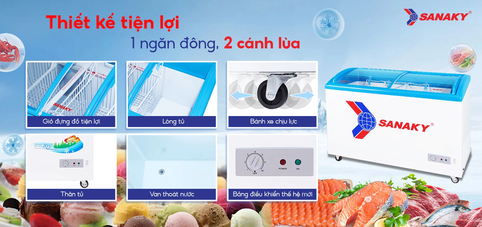 Tủ đông sanaky VH-382K với mặt kính lùa
